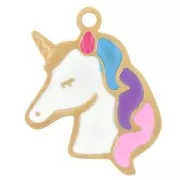 Breloque licorne 15.5x12 mm résine époxy - Acier inox 304L Doré - Multicolore x1