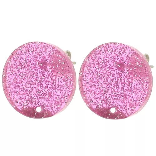 Clous d'oreilles ronds 15 mm en acrylique - Pailleté rose x2