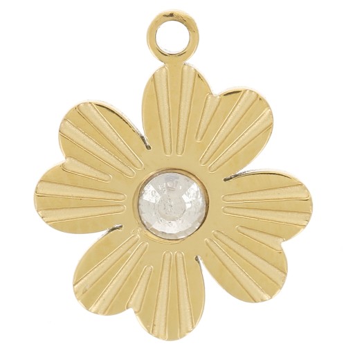 Breloque trèfle striée 12x9 mm avec strass - Acier inoxydable 316L Doré x1