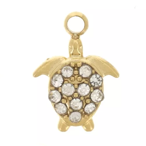 Mini breloque tortue 9x7 mm avec strass - Acier inoxydable 304L Doré x1