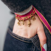 Ruban de soie 15 mm - surpiqûre verte anis - Fuchsia x85cm