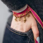 Ruban de soie 15 mm - surpiqûre verte anis - Fuchsia x85cm