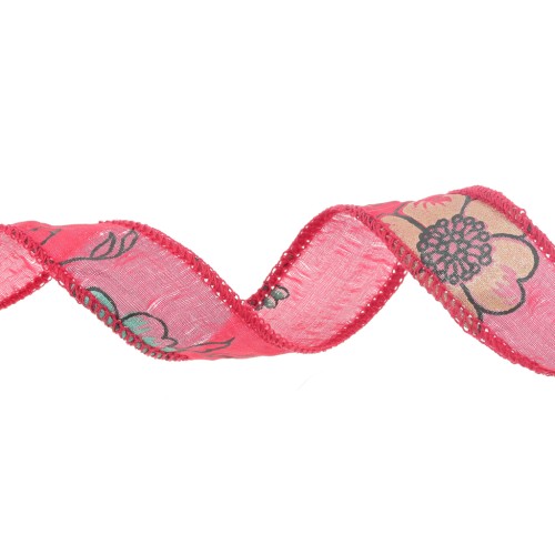 Rubans de soie 18 mm - motifs fleurs japonaises - Rouge x1m