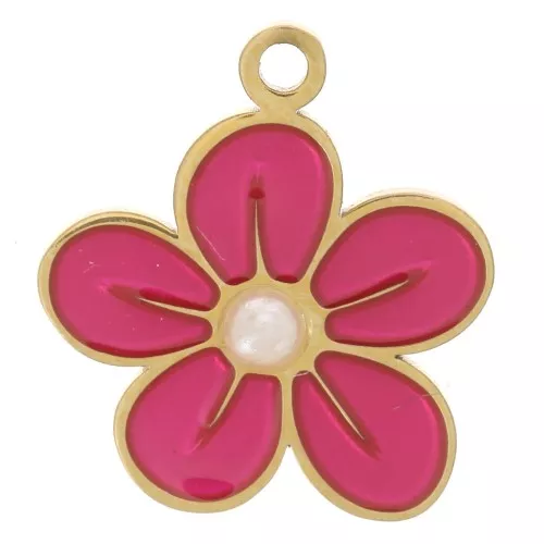 Breloque fleur 11 mm avec résine époxy - Acier inoxydable 316L Doré - Rose x1