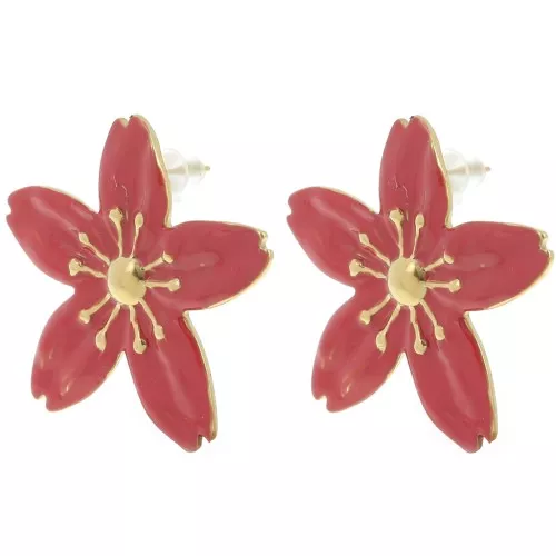Boucles d'oreilles fleur de cerisier 31x33 mm - Acier inox 304L Doré - Rouge x2