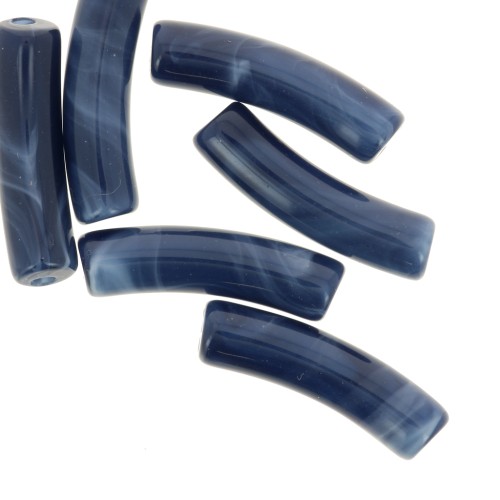 Perles tube incurvé 19x5 mm en acrylique opaque - Bleu nuit marbré x10