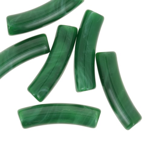 Perles tube incurvé 19x5 mm en acrylique opaque - Vert foncé marbré x10