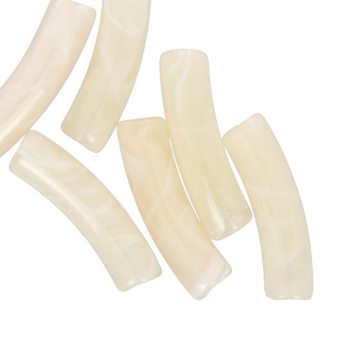 Perles tube incurvé en acrylique translucide 19x5 mm - Ecru marbré x10