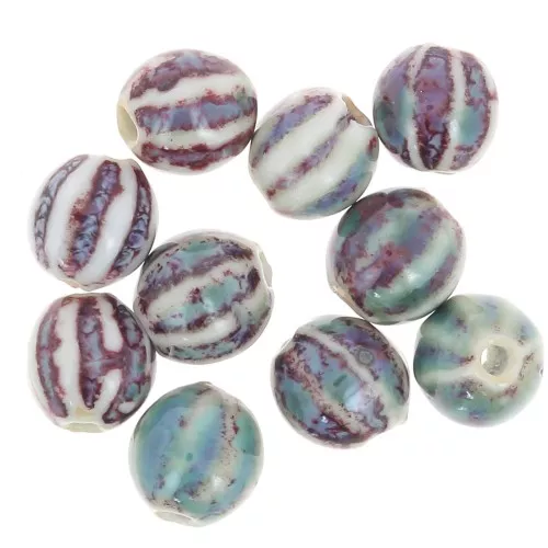 Perles rondes striées en céramique 11 mm - Bleu - Violet - Beige marbré x10