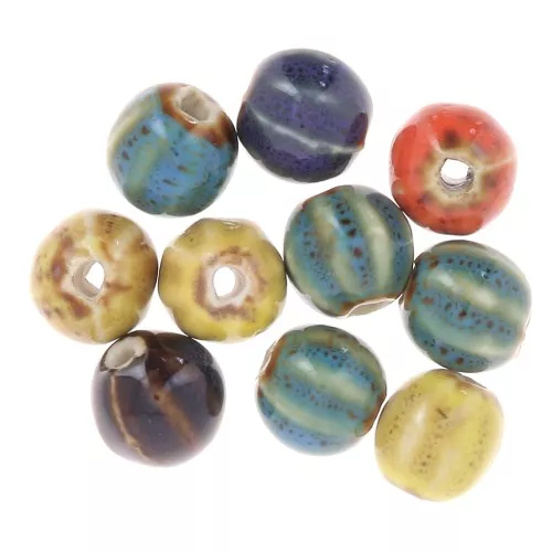 Perles rondes striées en céramique 11 mm - Multicolore marbré x10
