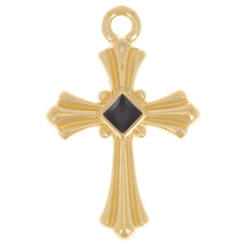 Pendentif croix 23x15 mm avec résine époxy - Doré à l'or fin - Noir x1