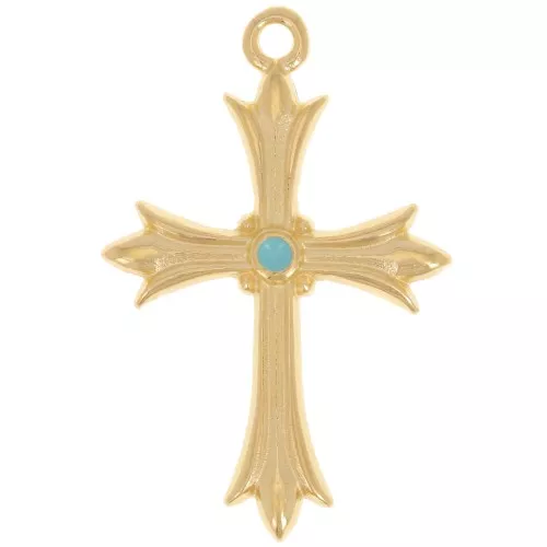Pendentif croix 30x20 mm avec résine époxy - Doré à l'or fin - Turquoise x1
