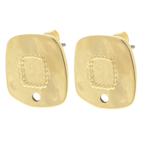 Clous d'oreilles carré irrégulier martelé 15x14 mm - Doré à l'or fin x2