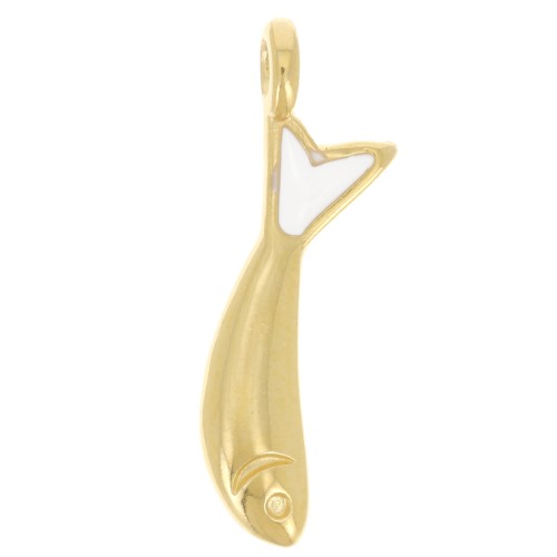 Breloque poisson 20x5 mm avec résine époxy - Doré à l'or fin - Blanc x1