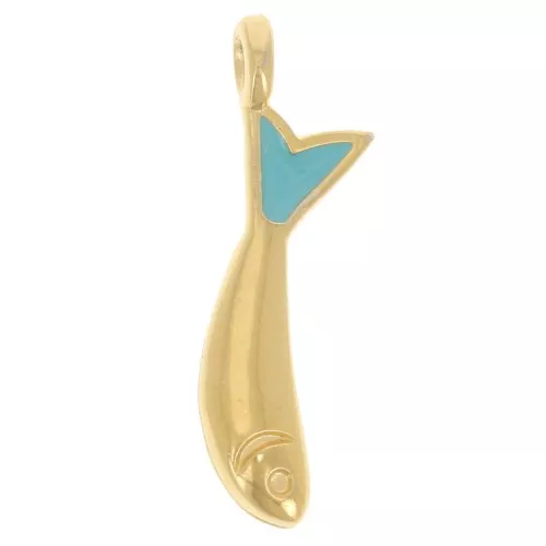 Breloque poisson 20x5 mm avec résine époxy - Doré à l'or fin - Turquoise x1