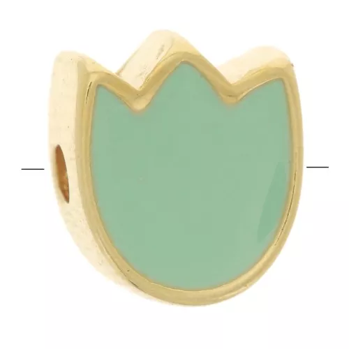 Perle fleur Tulipe 9x8 mm avec résine époxy - Doré à l'or fin - Vert d'eau x1