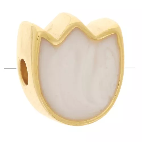 Perle fleur Tulipe 9x8 mm avec résine époxy - Doré à l'or fin - Blanc nacré x1
