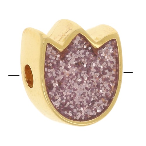 Perle fleur Tulipe 9x8 mm avec résine époxy - Doré à l'or fin - Rose pailleté x1