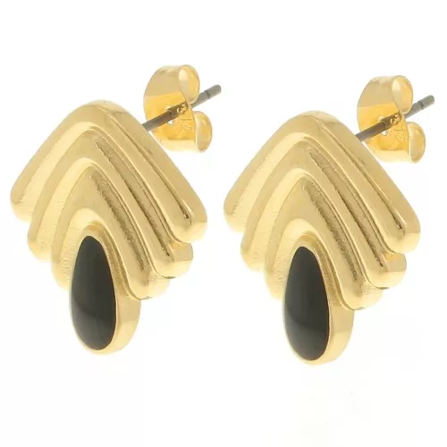 Boucles d'oreilles vintage 18x18.5 mm avec résine époxy -Doré à l'or fin - Noir x2