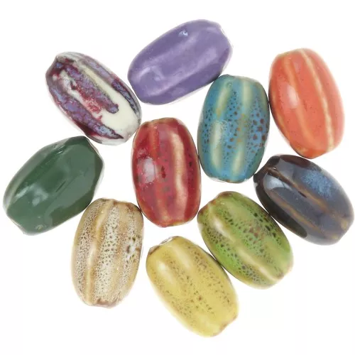 Perles ovales striées en céramique 21x13 mm - Multicolore marbré x10