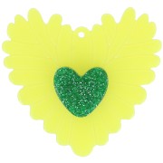 Pendentif coeur en relief 37x39 mm en acrylique - Jaune fluo - Vert pailleté x1|raw }}