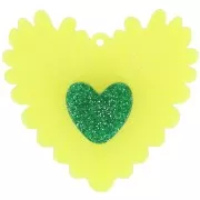 Jaune Fluo - Pendentif coeur en relief 37x39 mm en acrylique - Jaune fluo - Vert pailleté x1 Pendentif coeur en relief 37x39 mm en acrylique - Jaune fluo - Vert pailleté x1