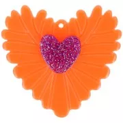 Pendentif coeur en relief 37x39 mm en acrylique - Orange fluo - Violet pailleté