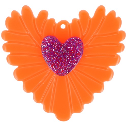 Pendentif coeur en relief 37x39 mm en acrylique - Orange fluo - Violet pailleté