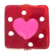 Rose - Perle carré en verre 15x15 mm - motif coeur - Rouge - Rose x1 Perle carré en verre 15x15 mm - motif coeur - Rouge - Rose x1