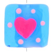 Perle carré en verre 15x15 mm - motif coeur - Bleu - Rose x1|raw }}