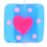 Rose - Perle carré en verre 15x15 mm - motif coeur - Bleu - Rose x1 Perle carré en verre 15x15 mm - motif coeur - Bleu - Rose x1