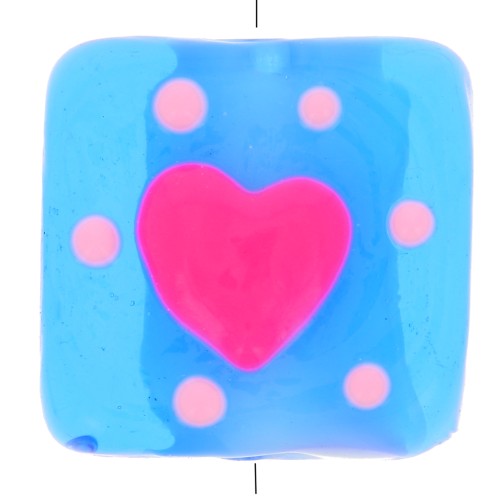 Perle carré en verre 15x15 mm - motif coeur - Bleu - Rose x1