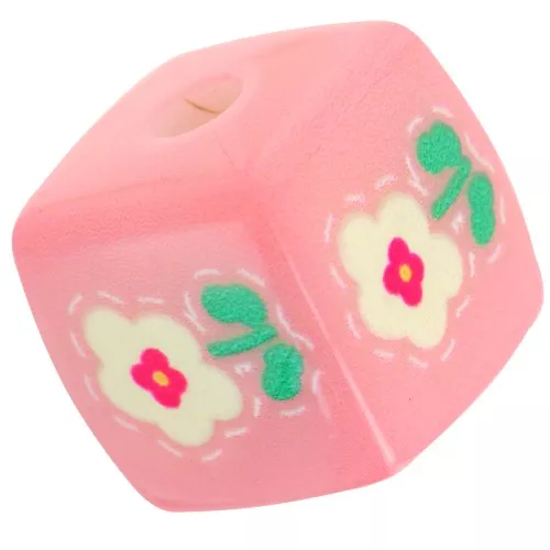 Perle cube 14 mm en acrylique - motif fleur - Rose clair - Blanc x1