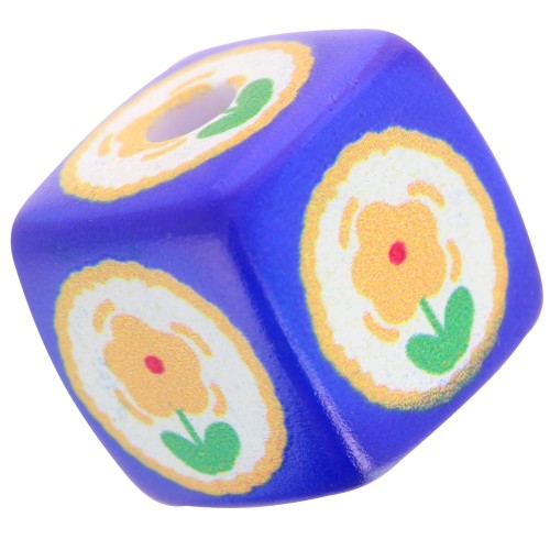 Perle cube 14 mm en acrylique - motif fleur - Bleu roi - Orange clair x1