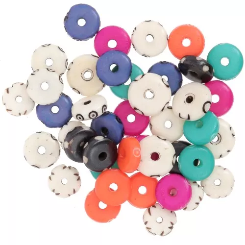 Assortiment de perles rondelles plates en os gravé - Multicolore x39g