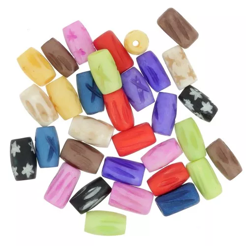 Assortiment de perles tubes 12x7 mm en os gravé - Multicolore x21g