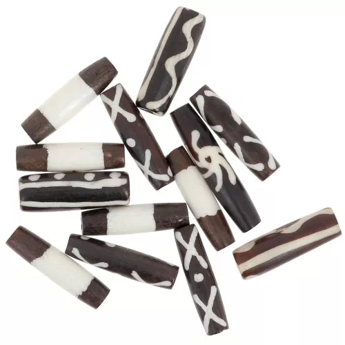 Assortiment de perles tubes en os - motif ethnique - Marron - Blanc x29g
