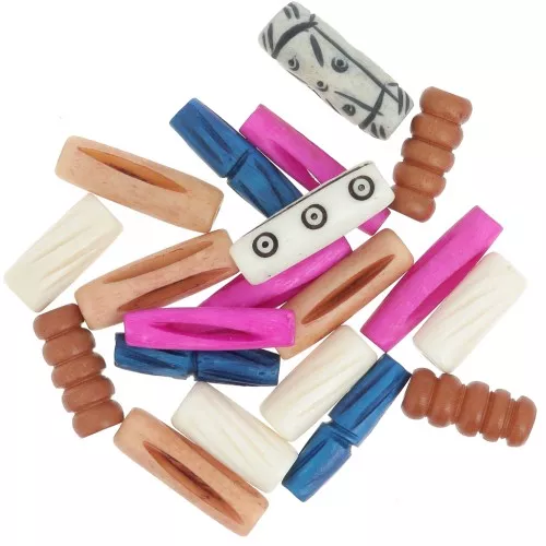 Assortiment de perles tubes en os gravé - Multicolore x35g