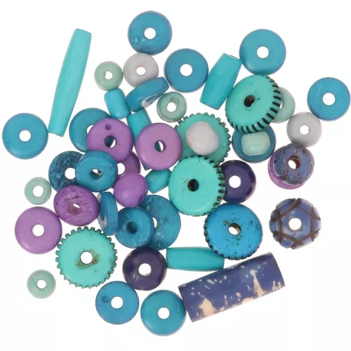 Assortiment de perles en os gravé et uni - Multi-Bleu - Violet x60g