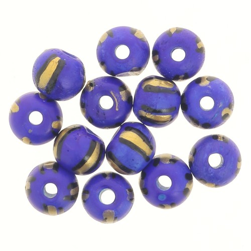 Assortiment de perles rondes aplatie 10x8 mm en os teinté - Rayé - Bleu - Doré x20