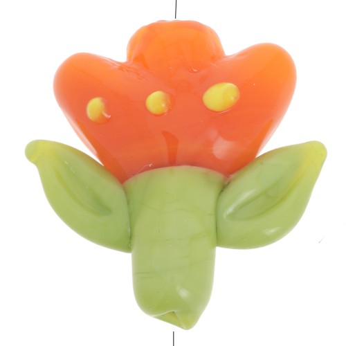 Perle fleur 21.5x20 mm en verre - Orange - Vert x1