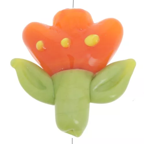 Perle fleur 21.5x20 mm en verre - Orange - Vert x1
