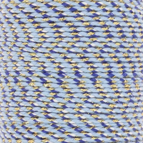 Cordon en coton tressé et fil métallisé 1.5 mm - Multi Bleu - Blanc - Doré x1m