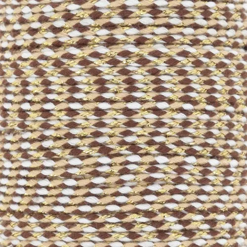 Cordon en coton tressé et fil métallisé 1.5 mm - Marron - Sable - Blanc - Doré x1m