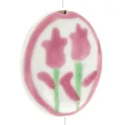 Perle plate ovale 20x16 mm motif fleur - en céramique - Vieux rose - Blanc x1