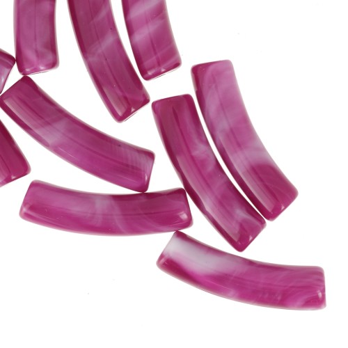Perles tube incurvé 19x5 mm en acrylique opaque - Prune marbré x10