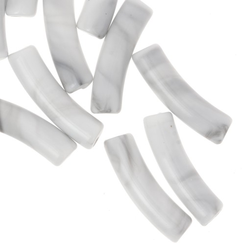 Perles tube incurvé 19x5 mm en acrylique opaque - Marbré Blanc - Gris x10