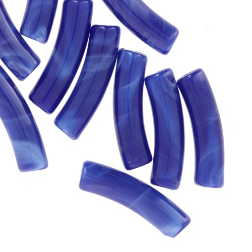 Perles tube incurvé 19x5 mm en acrylique opaque - Bleu royal marbré x10