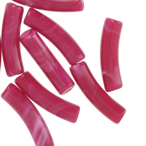Perles tube incurvé 19x5 mm en acrylique opaque - Framboise marbré x10
