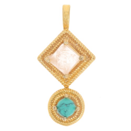 Pendentif ethnique 21x10mm - Doré à l'or fin - Quartz rose - imitation turquoise